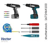 A cordless drill in the vector. Battery-powered screwdriver in vector. A set of tools in the vector.