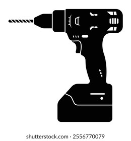 Cordless drill vector icon. Power tool for construction, woodworking, and DIY projects. Black silhouette isolated on white background.