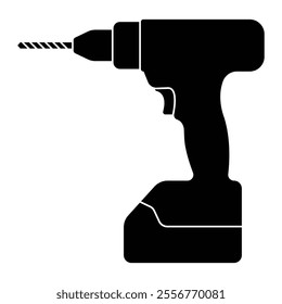 Cordless drill vector icon. Power tool for construction, woodworking, and DIY projects. Black silhouette isolated on white background.