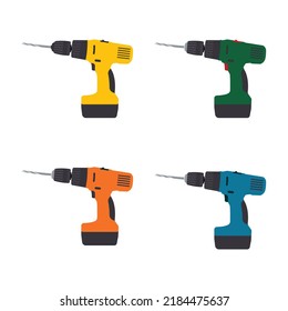 Cordless Drills Set, Flat Vector Illustration of Electric Drill, Drilling Machines