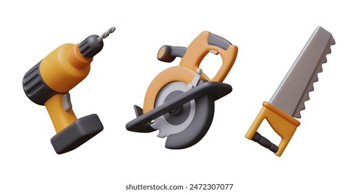 Cordless electric drill, circular saw, hand saw. Set of carpenter tools