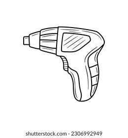 Schnurlose elektrische Schraubendreher-Doodle Symbol schwarz-weiß Vektorgrafik. Bearbeitbarer Rahmenhub.