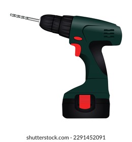 Cordless green power drill with twist bit isolated on a white background. Editable EPS 10 vector graphic illustration.