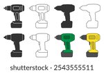 Cordless impact wrench driver icon symbol shape set. Battery power screwdriver drill logo sign. Fix, tool, repair collection. vector illustration. Isolated on white background.