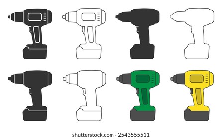 Cordless impact wrench driver icon symbol shape set. Battery power screwdriver drill logo sign. Fix, tool, repair collection. vector illustration. Isolated on white background.