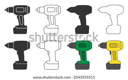 Cordless impact wrench driver icon symbol shape set. Battery power screwdriver drill logo sign. Fix, tool, repair collection. vector illustration. Isolated on white background.