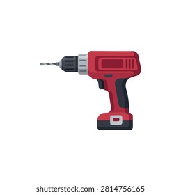 Cordless power drill tool in red and black colors with a metal drill bit, isolated on a white background, for construction and repair