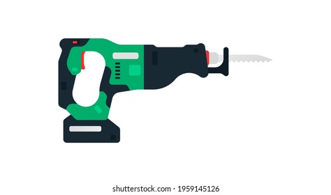 Cordless recip, reciprocating saw side view. Power tools for home, construction and finishing work. Professional worker tool. Vector illustration isolated on white background.
