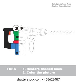 Cordless Toy Rotary Hammer in vector to be traced. Object from collection of engine tools. Restore dashed line and color the picture. Easy educational kid gaming with simple level of difficulty.