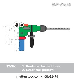 Cordless Toy Rotary Hammer in vector to be traced. Object from collection of engine tools. Restore dashed line and color the picture. Easy educational kid gaming with simple level of difficulty.