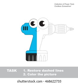 Cordless Toy Screwdriwer in vector to be traced. Object from collection of engine tools. Restore dashed line and color the picture. Easy educational kid gaming with simple level of difficulty.
