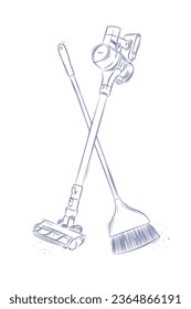 Cordless vacuum cleaner and flat broom drawing in graphic style on light background