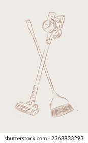 Limpiador de vacío sin cables y dibujo de escoba plana de estilo gráfico sobre fondo beige