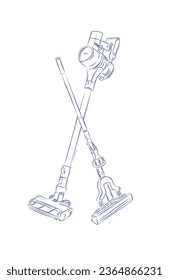 Cordless vacuum cleaner and sponge mop drawing in graphic style on light background