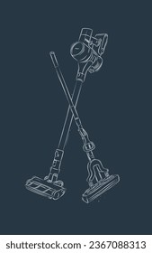 Cordless vacuum cleaner and sponge mop drawing in graphic style on blue background
