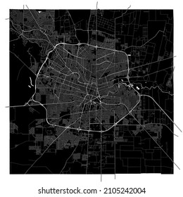 Cordoba, Argentina, high resolution vector map with city boundaries, and editable paths. The city map was drawn with white areas and lines for main roads, side roads and watercourses on a black