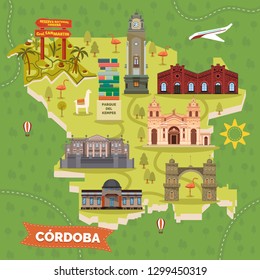 Cordoba, Argentina map with sightseeing landmarks. Arch or arco, central church or cathedral, Industria and Evita fine arts museum, Kempes Park and San Martin Reserve, Alta place, National observatory