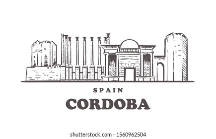 Cordoba sketch skyline. Cordoba, Spain hand drawn vector illustration. Isolated on white background. 