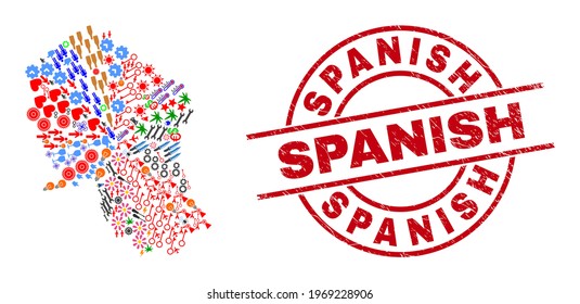 Cordoba Spanish Province map collage and distress Spanish red circle stamp print. Spanish stamp uses vector lines and arcs. Cordoba Spanish Province map collage includes helmets, homes, screwdrivers,