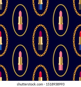 Cords and Lipsticks Background. Seamless pattern with golden chains and cosmetic elements. Template for gift wrappings, cards, scarfs and dresses. On black.