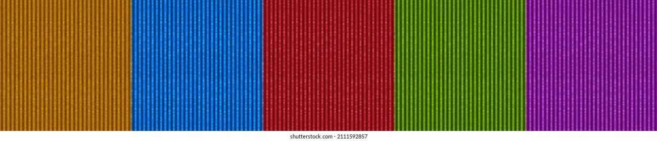 Corduroy fabric texture seamless vector pattern. 3d cord backgrounds of brown, blue, red, green and purple velvet ribbed material. Realistic apparel, carpet, flooring decorative abstract backdrops set