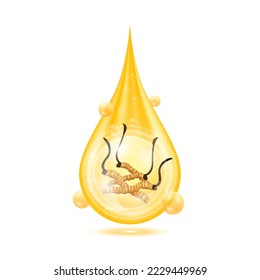 Cordyceps in golden water drop and Vitamins collagen serum orange shining with oxygen bubbles. Isolated on white background. 3D Realistic vector Eps10.