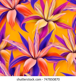 Cordyline fruticosa seamless pattern of tropicak flowers