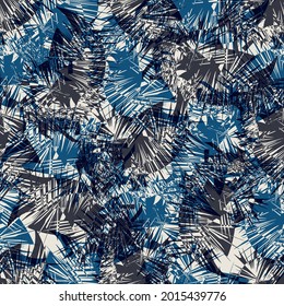 Cordyline leaf abstract seamless vector pattern background. Midcentury modern spiky foliage backdrop in blue, white, black Botanical overlapping leaves texture. Colorful faux tie dye all over print