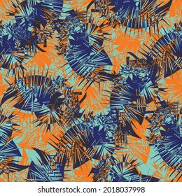 Cordyline Blatt abstrakte nahtlose Vektormuster Hintergrund. Tropisches, spikes Laub Hintergrund in marineblau, orange, indigo Moderne botanische überlappende Blätter Textur. Farbige Faux-Schlifffarbe wiederholen