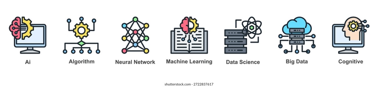 Iconos centrales de IA que representan tecnologías esenciales detrás de sistemas inteligentes y aprendizaje basado en datos