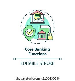 Core Banking Functions Concept Icon. Transactions And Security. Automated Banking Abstract Idea Thin Line Illustration. Isolated Outline Drawing. Editable Stroke. Arial, Myriad Pro-Bold Fonts Used