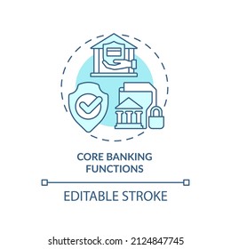 Core banking functions turquoise concept icon. Transactions. Automated banking abstract idea thin line illustration. Isolated outline drawing. Editable stroke. Arial, Myriad Pro-Bold fonts used