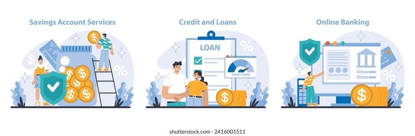 Core Banking Service trio. Navigating savings growth, loan processes, and online banking activities. Enabling financial empowerment with ease. Flat vector illustration.