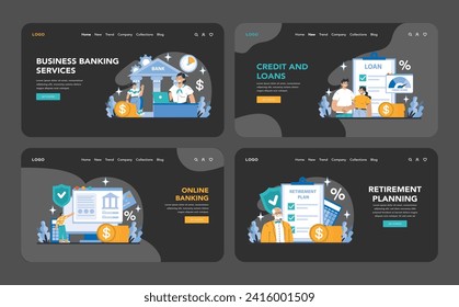 Core Banking Services night or dark mode web or landing page. A visual tour of banking essentials, covering business, credit, online banking, and retirement planning. Flat vector illustration.