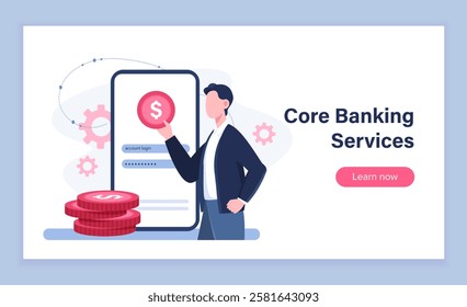 Core banking services poster. Man near stack of coins. Cashless transfers and transactions. Digital money and electronic wallet. Landing webpage design. Flat vector illustration