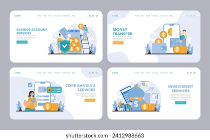 Core Banking Services web or landing page set. Showcasing essential banking operations from savings and transfers to investments. Digital finance made effortless. Flat vector illustration.