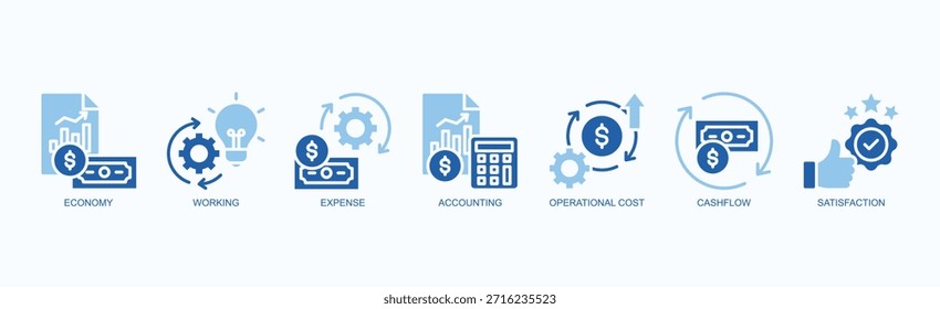 Conjunto De Iconos De Capital Central Vector Aislado Con Icono De Economía, Trabajo, Gastos, Contabilidad, Costo Operativo, Flujo De Efectivo, Satisfacción En Estilo De Glifo De Dos Colores