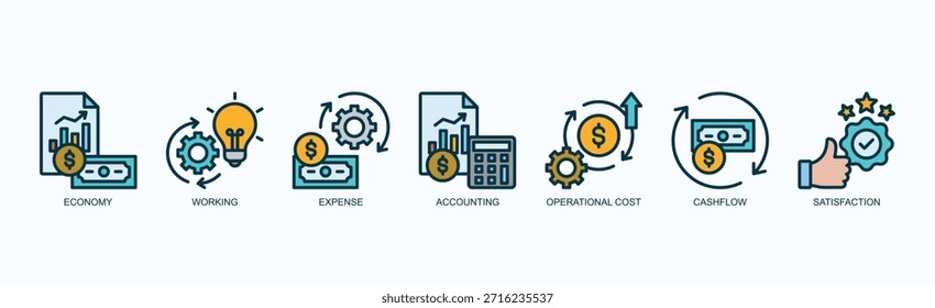 Conjunto De Iconos De Capital Central Vector Aislado Con Icono De Economía, Trabajo, Gastos, Contabilidad, Costo Operacional, Flujo De Efectivo, Satisfacción En El Estilo De Color De Contorno