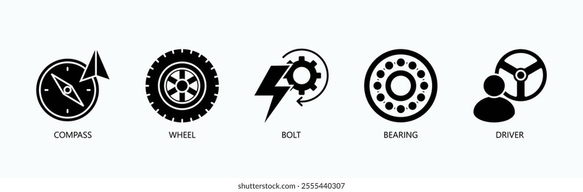 Core Components Of Navigation And Motion Icon Set Vector Illustration Concept With Icon Of Compass, Wheel, Bolt, Bearing, Driver In Glyph Style