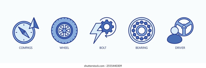 Core Components Of Navigation And Motion Icon Set Vector Illustration Concept With Icon Of Compass, Wheel, Bolt, Bearing, Driver In Blue Style