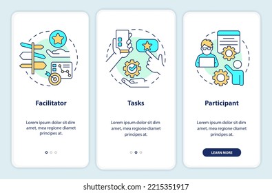 Core components of usability test onboarding mobile app screen. Assess walkthrough 3 steps editable graphic instructions with linear concepts. UI, UX, GUI template. Myriad Pro-Bold, Regular fonts used