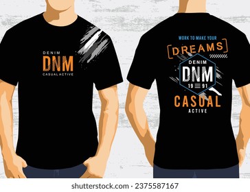 Core denim casual typography design, front and back t-shirt graphic design vector