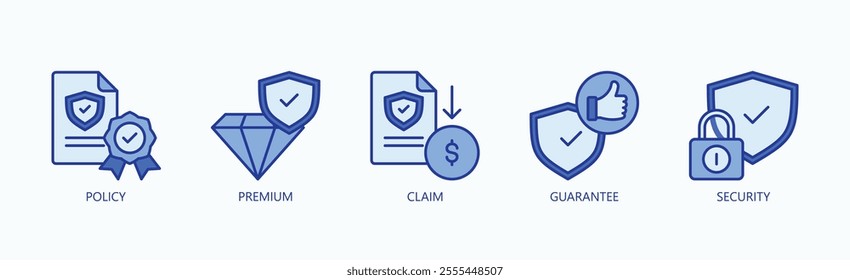 Core Elements Of Insurance And Risk Management Icon Set Vector Illustration Concept With Icon Of Policy, Premium, Claim, Guarantee, Security In Blue Style