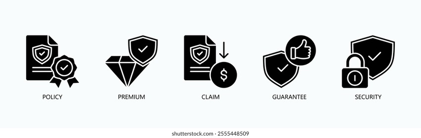 Core Elements Of Insurance And Risk Management Icon Set Vector Illustration Concept With Icon Of Policy, Premium, Claim, Guarantee, Security In Glyph Style