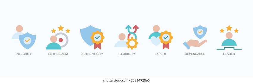 Core Essence Icon Set Isolated Vector Illustration Concept With Icon Of Integrity, Enthusiasm, Authenticity, Flexibility, Expert, Dependable, Leader In Flat Style