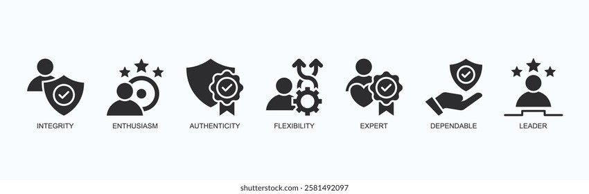 Core Essence Icon Set Isolated Vector Illustration Concept With Icon Of Integrity, Enthusiasm, Authenticity, Flexibility, Expert, Dependable, Leader In Black Style