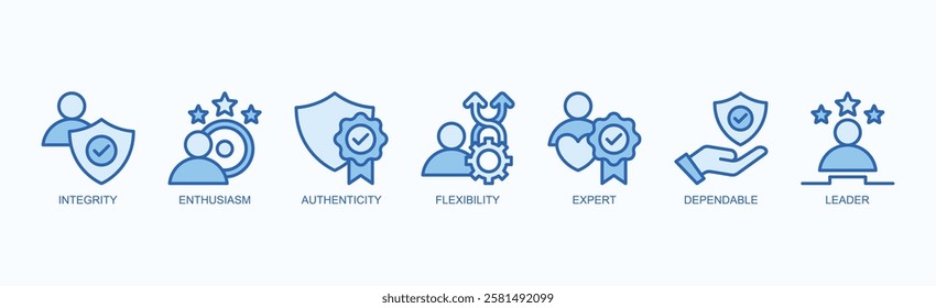 Core Essence Icon Set Isolated Vector Illustration Concept With Icon Of Integrity, Enthusiasm, Authenticity, Flexibility, Expert, Dependable, Leader In Blue Style