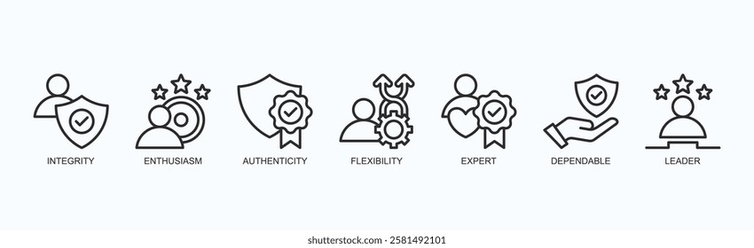 Core Essence Icon Set Isolated Vector Illustration Concept With Icon Of Integrity, Enthusiasm, Authenticity, Flexibility, Expert, Dependable, Leader In Outline Style