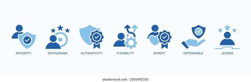 Core Essence Icon Set Isolated Vector Illustration Concept With Icon Of Integrity, Enthusiasm, Authenticity, Flexibility, Expert, Dependable, Leader In Two Color Glyph Style