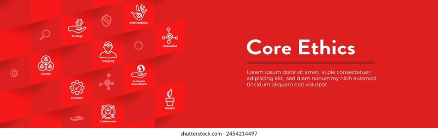Core Ethics Web Header Banner w Dedication Integrity and Mission Core Values Icons